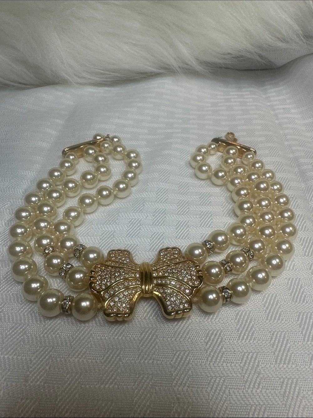 Swarovski 3 strands pearls Necklace cubic zirconia gold pendant - Picture 2 of 10